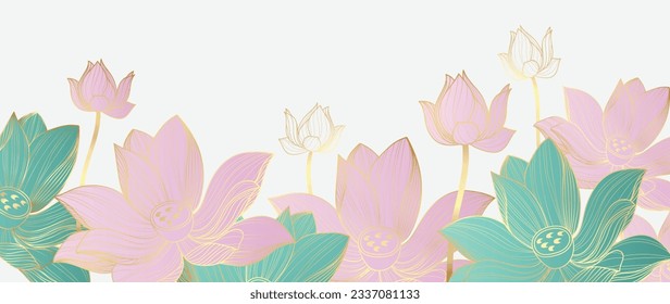 Luxury golden lotus flower line art background vector. Natural botanical elegant flower with gold line art. Design illustration for decoration, wall decor, wallpaper, cover, banner, poster, card.