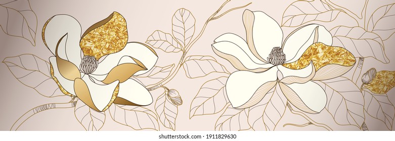 Lujoso fondo de flores de Magnolia dorada. Diseño de vectores de arte de pared decorados en casa.