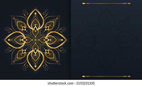 Luxury golden mandala background vector. Backdrop with gold design element for poster, banner or card. Vector illustration in boho design for advertising