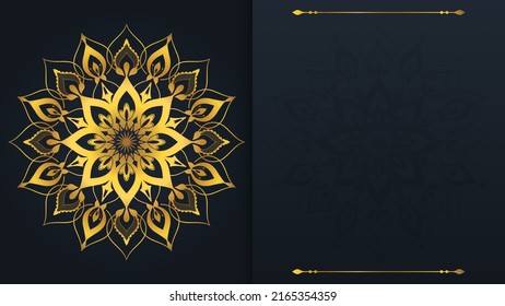 Luxury golden mandala background vector with place for text. Backdrop with gold design element for poster, banner or card. Vector illustration in boho design for advertising