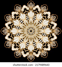 Luxury golden mandala decorations on black background. Lace backdrop for design note cover, wedding invitations or card