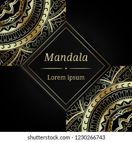 Luxury golden mandala pattern with text on square black background.