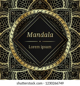 Luxury golden mandala pattern with text on square black background.