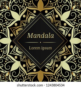 Luxury golden mandala pattern with text on square black background.