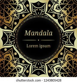 Luxury golden mandala pattern with text on circle black background.