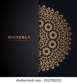 luxury golden mandala pattern vector on black background, vintage elegant metal gold brown copper gradient flower texture ornament, decorative invitation card poster flyer brochure menu print template