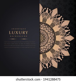 luxury golden mandala pattern vector on black background, vintage elegant metal gold brown copper gradient flower texture ornament, decorative invitation card poster flyer brochure menu print