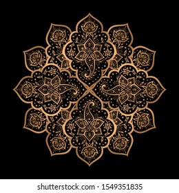 Luxury golden mandala vector. Arabesque paisley royal pattern. Indian sun design for Christmas snowflake ornaments, beauty spa salon decor, New Year holiday card decoration, wedding invitation.