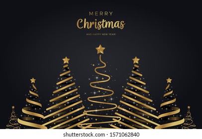 Luxury golden Merry Christmas Happy New year greeting card black background, winter holiday vintage elegant gold glitter star ribbon tree pattern, decorative Xmas shimmer poster banner print template