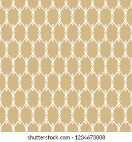 Luxury golden mesh seamless pattern. Elegant abstract geometric background. Gold and white vector texture with delicate lace, weave, grid, lattice, grate, fence, net. Repeat design for decoration