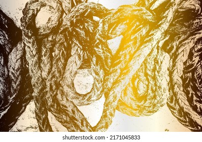 Luxury golden metal gradient background with distressed twisted rope, cable texture. Vector illustration
