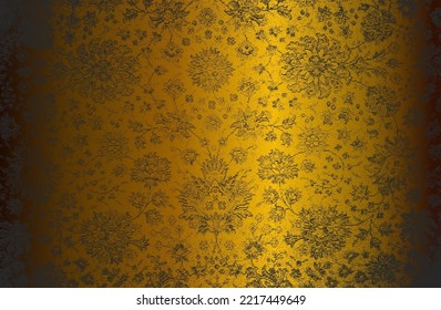 Luxury golden metal gradient background with distressed fabric, textile texture. Ornamental floral pattern. Vector illustration