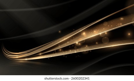 Luxury golden metallic curves with sparkling light on black blank background.