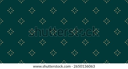 Luxury golden minimalist background. Vector geometric seamless pattern with small diamond shapes, stars, flowers. Subtle gold and dark green shiny abstract texture. Simple minimal repeated geo design