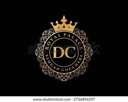 Luxury golden monogram DC logo, royal crown emblem, ornate border, elegant design. Perfect for branding, invitations, and upscale businesses. Vector graphic.