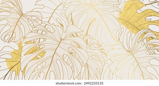 Lujoso arte de la línea de la hoja de la monstrua dorada sobre Vector de fondo blanco. Hojas botánicas naturales elegantes con textura de lámina de oro. Ilustración de diseño para decoración, decoración de pared, Fondo de pantalla, cubierta, Anuncio.