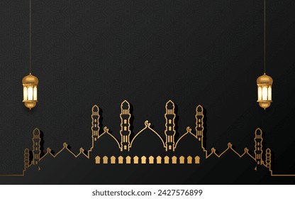 luxury golden mosque black eid mubarak ramadan kareem lantern islamic background banner ornament. Translation: "Muslim fasting month and celebration day after fasting"