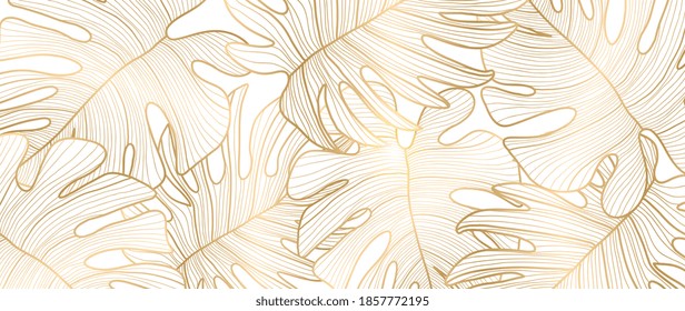 Luxury Golden nature background vector. Floral pattern, Golden split-leaf Philodendron plant with monstera plant line arts, Vector illustration.