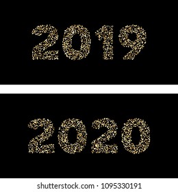 Luxury golden New Year 2019 2020, gold glittering confetti patricles on dark background. Scattered golden dots. Vector illustration.