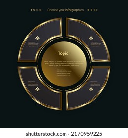 Luxury Golden Option Infographic Template Design. Premium Golden Levels On A Dark Background With Quater Of Circles Golden Vector Chart Template