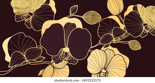 Luxury golden orchid flower line art on brown background vector. Natural botanical elegant flower with gold foil texture. Design illustration for decoration, wall decor, wallpaper, cover, banner.