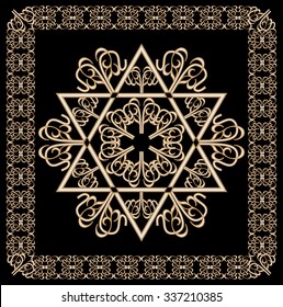 Luxury golden ornament with David star motif in filigree gold frame on black background. Jewish religious and national hexagram symbol named in hebrew magen. 