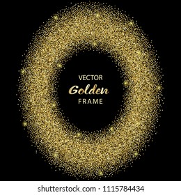 Luxury golden oval frame on black background. Gold glitter elliptical. Template with glitter for logo, greetind card, certificate, gift voucher and covers.