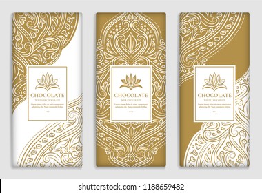 Luxury golden packaging design of chocolate bars. Vintage vector ornament template. Elegant, classic elements. Great for food, drink and other package types. Can be used for background and wallpaper. 