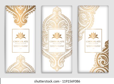 Luxury golden packaging design of chocolate bars. Vintage vector ornament template. Elegant, classic elements. Great for food, drink and other package types. Can be used for background and wallpaper. 