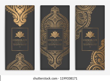 Luxury golden packaging design of chocolate bars. Vintage vector ornament template. Elegant, classic elements. Great for food, drink and other package types. Can be used for background and wallpaper. 