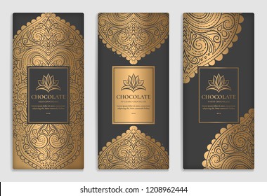 Luxury golden packaging design of chocolate bars. Vintage vector ornament template. Elegant, classic elements. Great for food, drink and other package types. Can be used for background and wallpaper. 