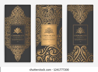 Luxury golden packaging design of chocolate bars. Vintage vector ornament template. Elegant, classic elements. Great for food, drink and other package types. Can be used for background and wallpaper. 