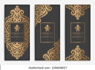 Luxury golden packaging design of chocolate bars. Vintage vector ornament template. Elegant, classic elements. Great for food, drink and other package types. Can be used for background and wallpaper. 
