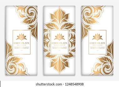 Luxury golden packaging design of chocolate bars. Vintage vector ornament template. Elegant, classic elements. Great for food, drink and other package types. Can be used for background and wallpaper. 