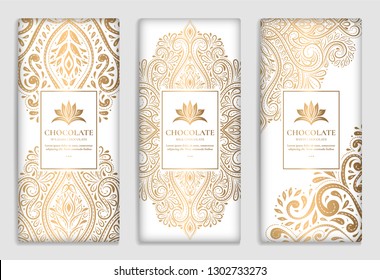 Luxury golden packaging design of chocolate bars. Vintage vector ornament template. Elegant, classic elements. Great for food, drink and other package types. Can be used for background and wallpaper.