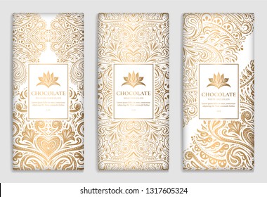 Luxury golden packaging design of chocolate bars. Vintage vector ornament template. Elegant, classic elements. Great for food, drink and other package types. Can be used for background and wallpaper.