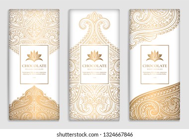 Luxury golden packaging design of chocolate bars. Vintage vector ornament template. Elegant, classic elements. Great for food, drink and other package types. Can be used for background and wallpaper.