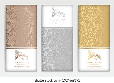 Luxury golden packaging design of chocolate bars. Vintage vector ornament template. Elegant, classic elements. Great for food, drink and other package types. Can be used for background and wallpaper.