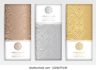 Luxury golden packaging design of chocolate bars. Vintage vector ornament template. Elegant, classic elements. Great for food, drink and other package types. Can be used for background and wallpaper.