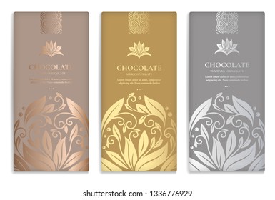 Luxury golden packaging design of chocolate bars. Vintage vector ornament template. Elegant, classic elements. Great for food, drink and other package types. Can be used for background and wallpaper.