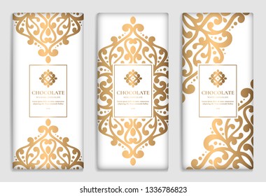 Luxury golden packaging design of chocolate bars. Vintage vector ornament template. Elegant, classic elements. Great for food, drink and other package types. Can be used for background and wallpaper.