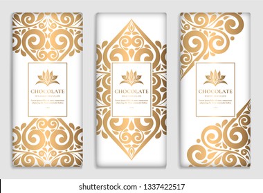 Luxury golden packaging design of chocolate bars. Vintage vector ornament template. Elegant, classic elements. Great for food, drink and other package types. Can be used for background and wallpaper.