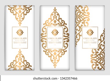 Luxury golden packaging design of chocolate bars. Vintage vector ornament template. Elegant, classic elements. Great for food, drink and other package types. Can be used for background and wallpaper.