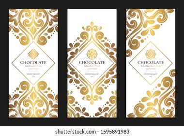 Luxury golden packaging design of chocolate bars. Vintage vector ornament template. Classic elements. Great for food, drink and other package types. Can be used for background and wallpaper.