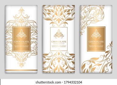 Luxury golden packaging design of chocolate bars. Vintage vector ornament template. Classic elements. Great for food, drink and other package types. Can be used for background and wallpaper.