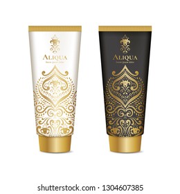Luxury golden packaging design for cosmetics. Vintage vector ornament template. Elegant, classic elements. Great for lotion, cream and other package types. Can be used for background and wallpaper.