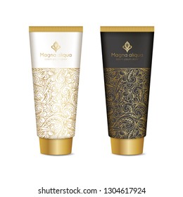 Luxury golden packaging design for cosmetics. Vintage vector ornament template. Elegant, classic elements. Great for lotion, cream and other package types. Can be used for background and wallpaper.