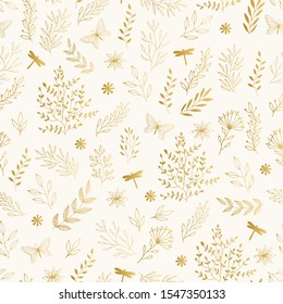 Luxury golden pattern with flowers, leaves, dragonfly and butterfly. 