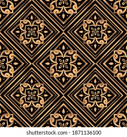 Luxury golden pattern seamless vector. Arabesque tile background. Gold black print design for beauty spa, New year gift packaging, Christmas wrapping paper, wedding party, Ramadan, wallpaper.