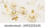 Luxury golden peony flower line art on white background vector. Natural botanical elegant flower with gold foil texture. Design illustration for decoration, wall decor, wallpaper, cover, banner.